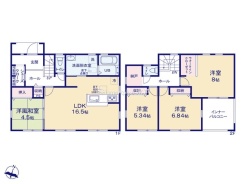 ～水周り集中プランを採用～
・キッチン・洗面など水回りを集中させることで家事のしやすい間取。
・日々の事なので家事導線もご見学の際にぜひチェックしてみてください。
(５号棟)