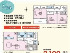～全居室南向きの間取り～
・各居室が南向きなので穏やかな陽の入る陽当り良好な仕様。
・明るい空間でくつろぎのお時間をお過ごしいただけます。
(１号棟)