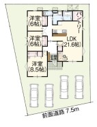 ～カースペース４台分ご用意～
・４台分のカースペースがございますので、車通勤の方やご来客の多い方にもお勧めのお住まいです。
・余裕の敷地で余裕の新生活をお過ごしいただけます。
（１号棟）